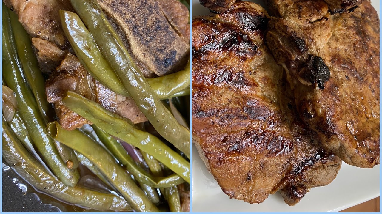 Grilled pork chops using Foreman + adobong string beans kabesh